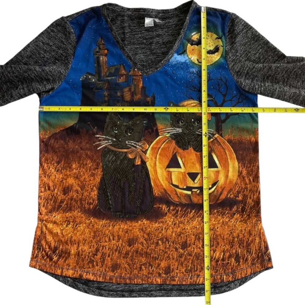Thomas & Olivia V-Neck 3/4 Sleeve Halloween Sequin Cat & Pumpkin Shirt L - Picture 5 of 6